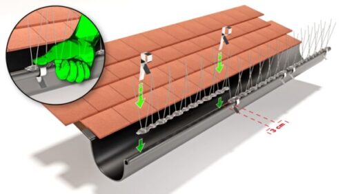 Dachrinnenschutz mit verschiedenen rostfreien Taubenabwehrsysteme.